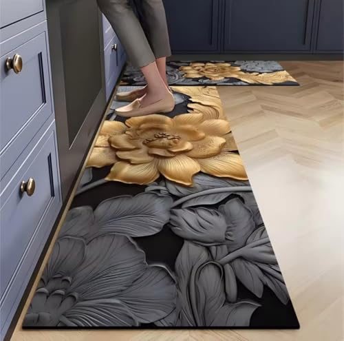 Image of KIMEE Kitchen Floor Mats Set of 2 Pcs, Non Slip Washable Kitchen Runner Mat, Rubber Kitchens Rugs Floor Mats Carpets for Home, Sink, Stove (Black and Gold Floral Kitchen Mat, 120x40cm + 60x40cm)