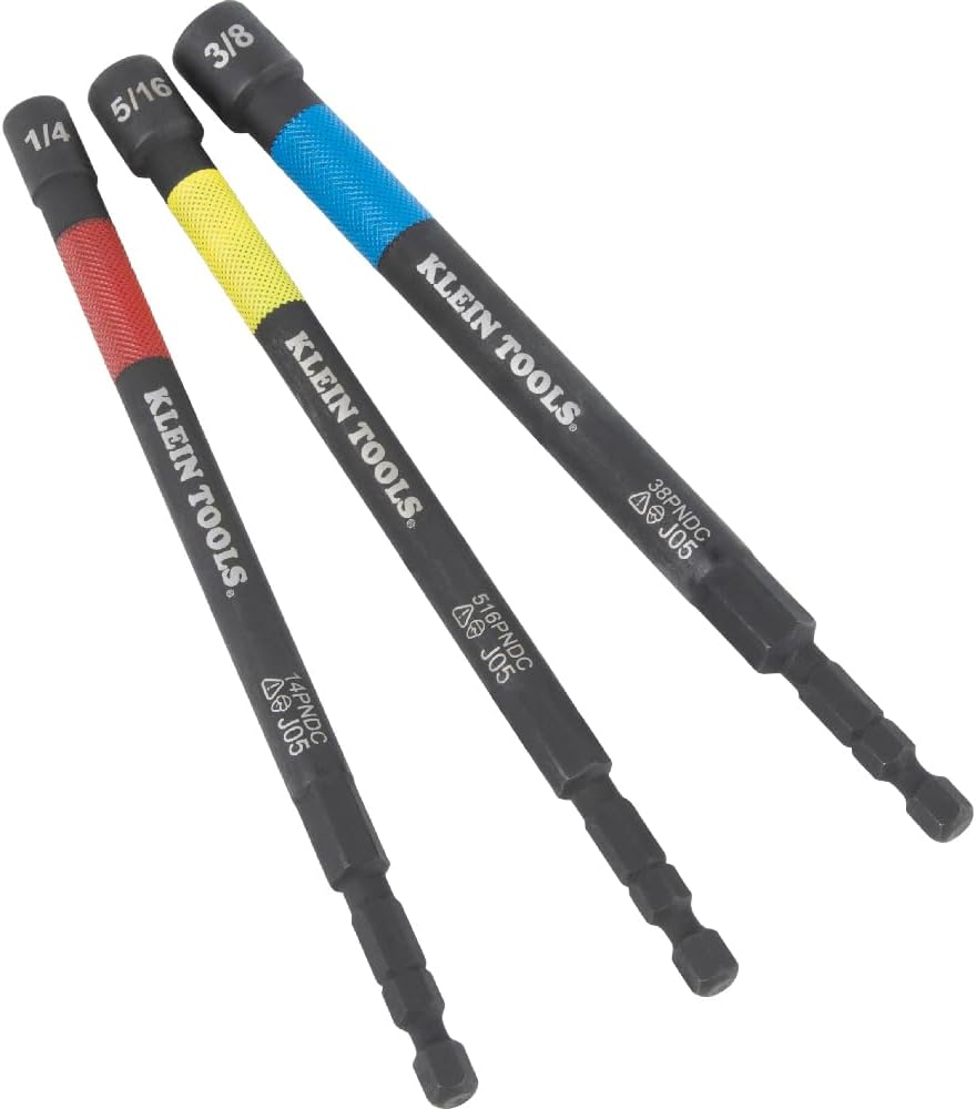 Klein Tools 65411PK3 Magnetic Color-Coded Power Nut Setter Set, 1/4-Inch Impact Hex Drive, 5-Inch Shaft, Extended Reach, 3-Piece - Image 2