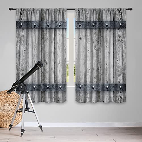 Riyidecor Wooden Barn Doors Kitchen Curtains Woods Rustic Rod Pocket Farm Farmhouse Country Retro Metal Texture Western Printed Living Room Bedroom Window Drapes Treatment Fabric 2 Panels 42 X 63 Inch #TOP18