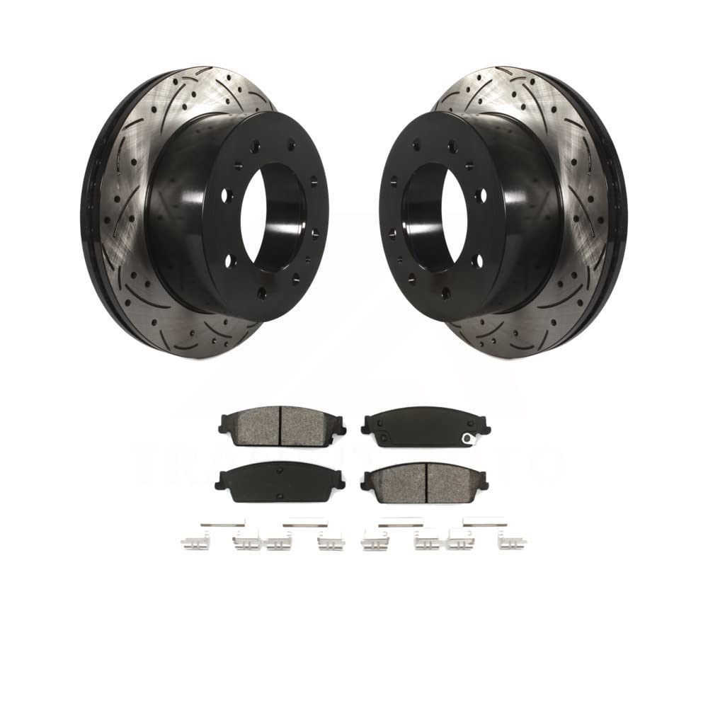 Transit Auto Rear Coated Drilled Slotted Disc Brake Rotors And Semi-Metallic Pads Kit Replacement For 2011 Chevrolet Silverado 1500 Hybrid KDS-100389