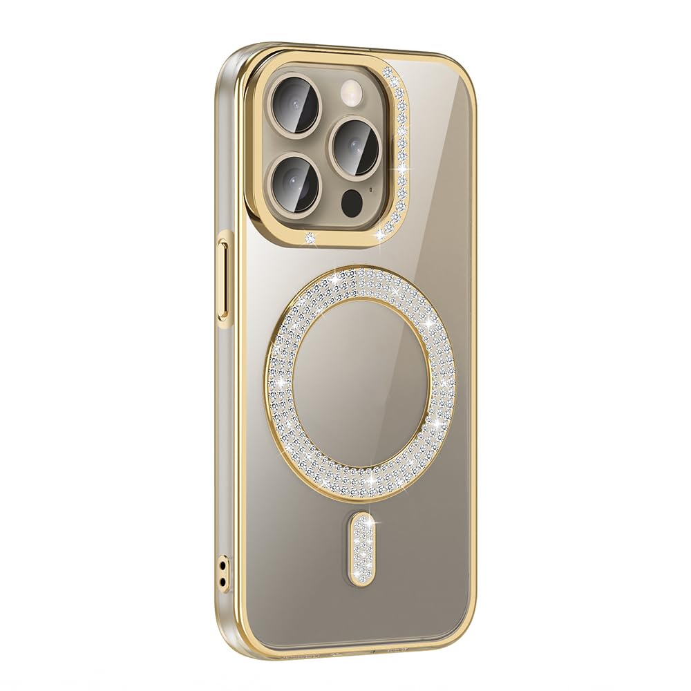 Zore Apple için uyumlu iPhone 15 Pro Max Kılıf Pırlanta Taş Tasarımlı M-safe Şarj Özellikli Zore Karetta Silikon Kapak Gold
