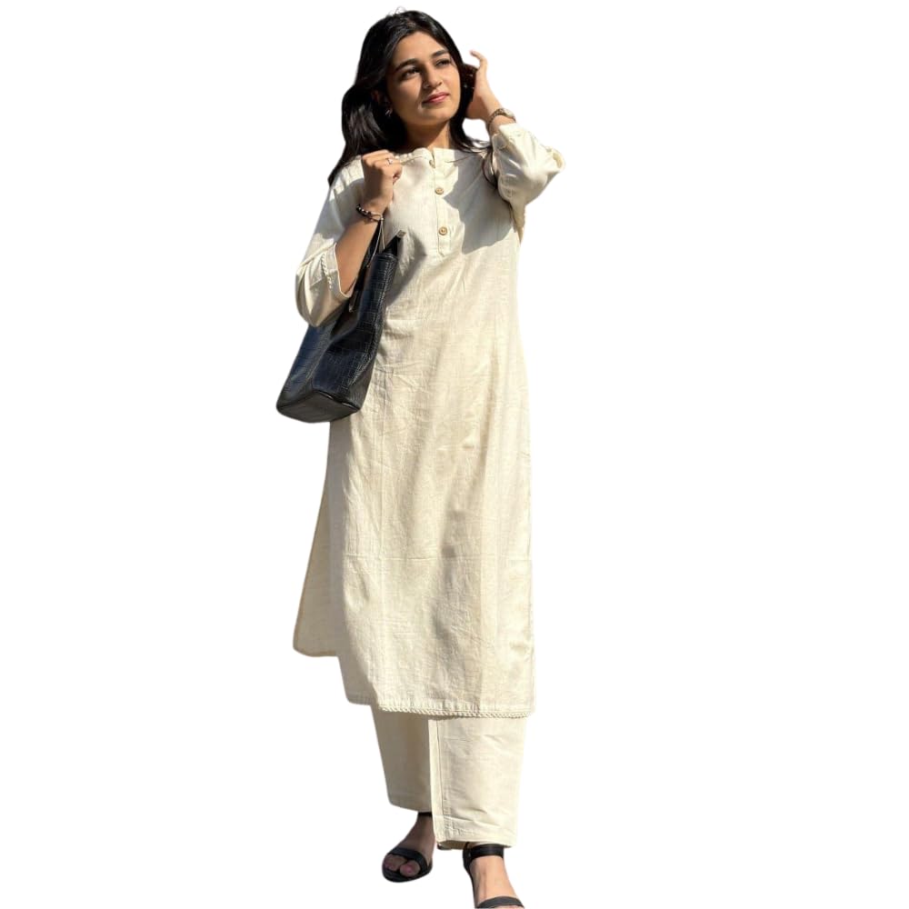 Women's Cream Color Khadi Cotton Kurti with Traditional Dancer Doll Embrodery Work, V-Neck, 3/4 Sleeves, Casual Wear Kurta Set