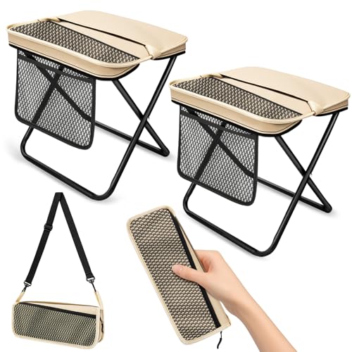 Image of 2 Pack Portable Folding Stools for Adults, 13 inch Height Collapsible Backpack Seat with Side Pocket, Anti-Pinch Camping Stool for Travel Fishing Hiking, 220 Lbs Capacity, Khaki