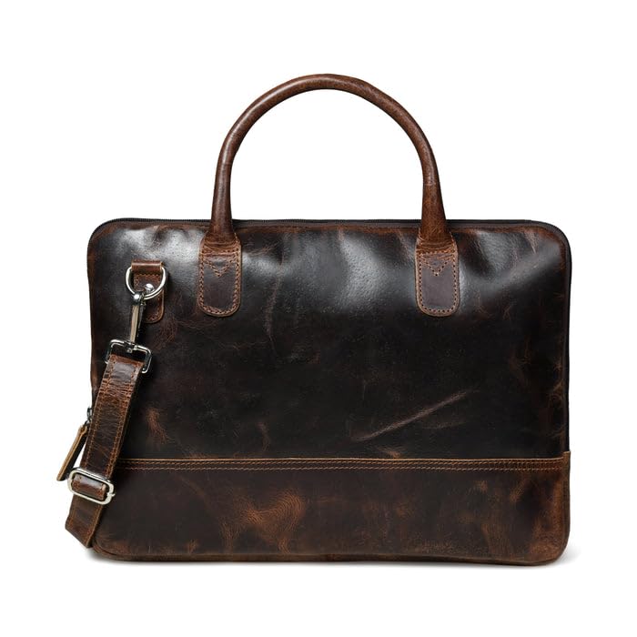 Image of MaheTri Modernist Genuine Leather Laptop Bag (Up to - 15.6 inch) for Men & Women | Unisex Lightweight Leather Briefcase with Adjustable Strap | Multiple card Slots With Zipper Pockets