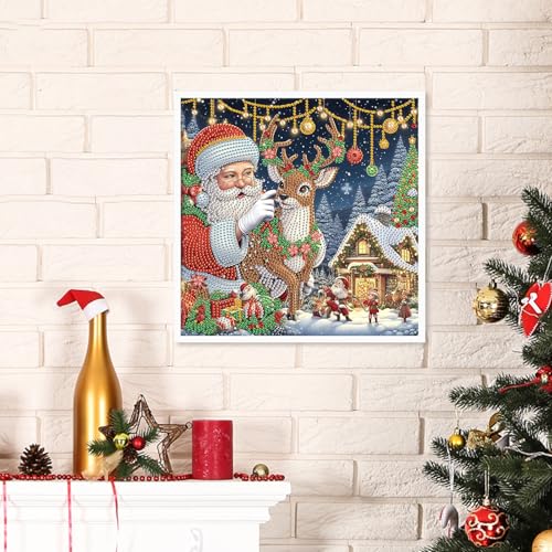Image of Diamond Art Painting Kit for Adults, 5D Special Shape Diamond Art Kit for Beginners, Crystal Rhinestones Diamond Painting for Home Wall Christmas Decoration Gift 12x12 inch, Santa Claus Christmas Deer