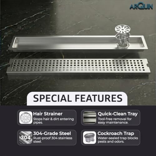 Image of ARQUIN Shower Drain Channel 24x4 Inch Floor Drainer 304 Grade Stainless Steel Bathroom Floor Drainer Water Drain Jali Channel for Bathroom with Cockroach Trap (1mm Thickness)