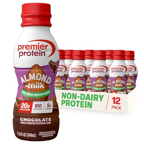 Premier Protein Non-Dairy Plant Based Almondmilk Protein Shake, Chocolate, 20g Protein, 5g Sugar, 11.5 Fl oz, 12 Count