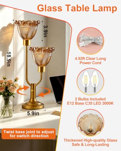 Image of Lightdot Mid Century Modern Gold Table Lamp Dimmable Vintage Glass Lamp