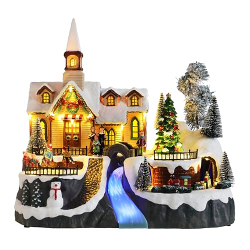 MUMTOP Christmas Village Snow Church with Rotating Train, Light Up Animated Moving Skaters and Christmas Tree with Music for Indoor Holiday Xmas Tabletop Decor