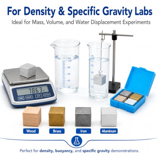 Image of Baluue STEM Density Cube Set 4-Pack 20mm Brass, Iron, Aluminum & Wood Blocks for Archimedes Principle & Specific Gravity Labs School & Classroom Science Kit