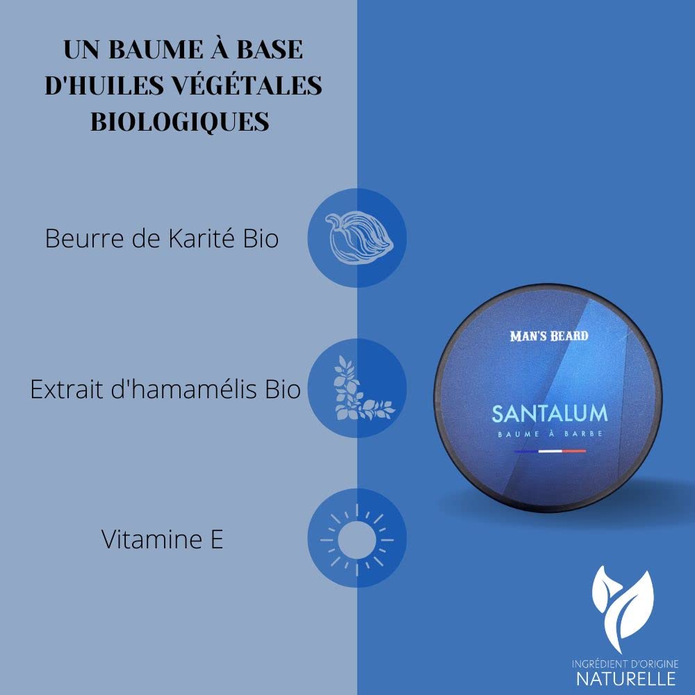 Man's Beard | Baume à barbe |Odeur Boisée SANTALUM |Soin homme pour la barbe hydratant et adoucissant| Ingrédients d'origine naturelle|100% Fabriqué en France|90 ml