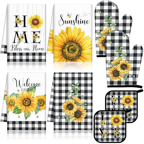 Leinuosen 8 Pcs Sunflower Checkered Kitchen Towels and Dishcloths Sets Oven Mitts and Pot Holders Sets Absorbent Kitchen Gloves Potholders Heat Resistant for Chef Baking Cooking