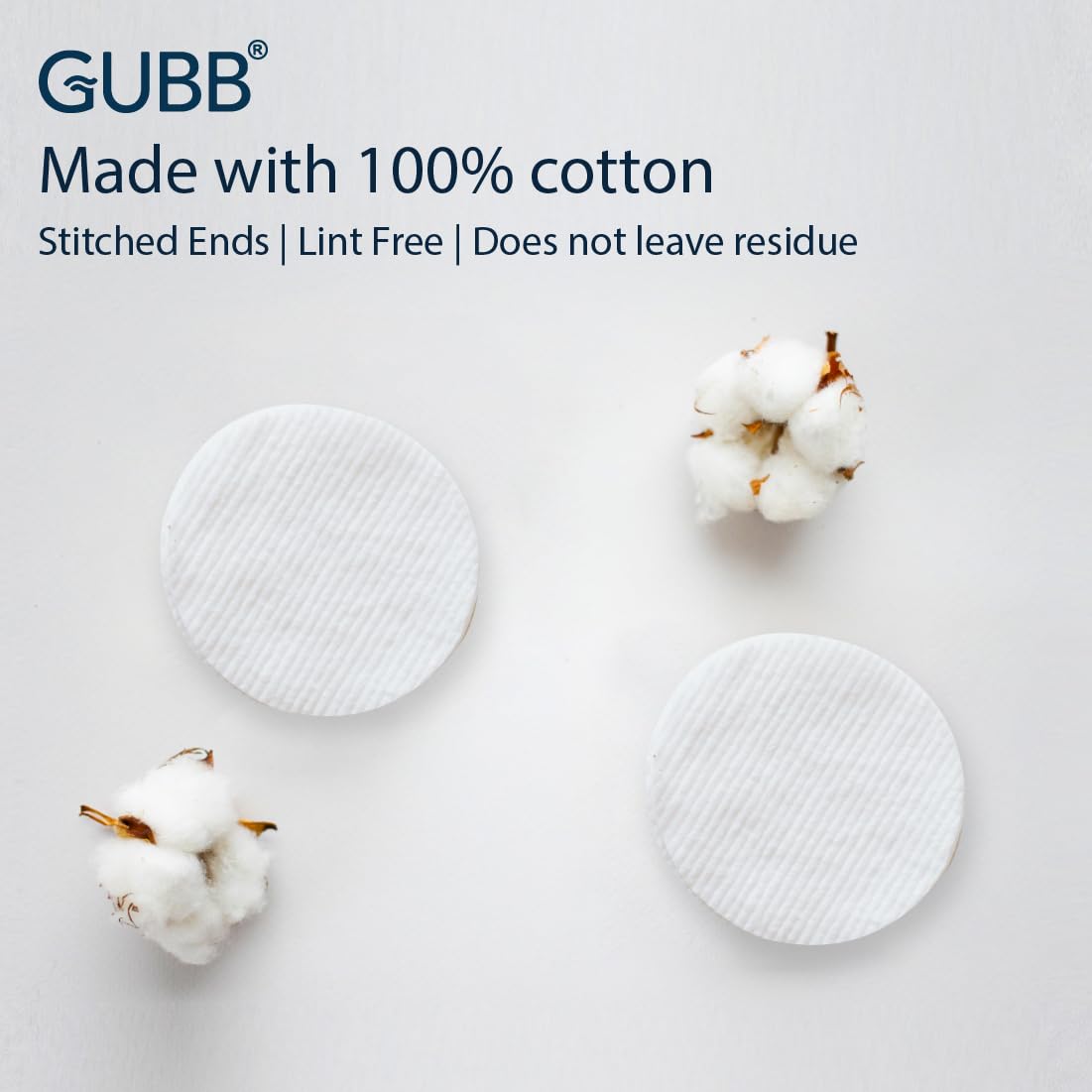 GUBB Hypoallergenic 100% Cotton Pads For Face Cleansing & Makeup Removal - Made of pure cotton | Safe for skin | Suitable for Women | Deep cleansing | Round shape, Non Woven - 80 Makeup Remover Pads