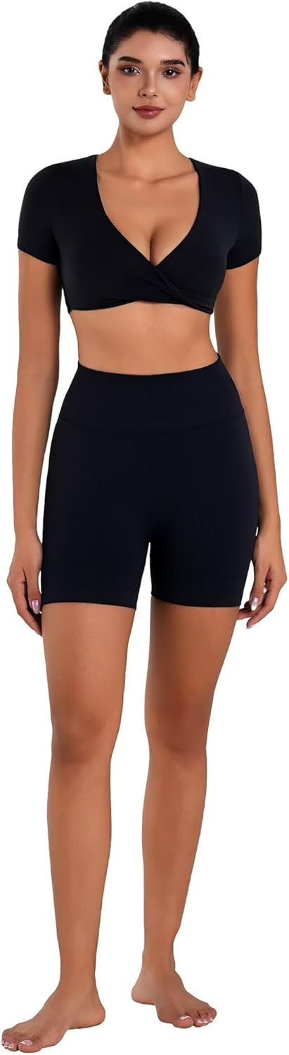 Sunzel Women's Short Sleeve Workout Tops Twist Front Deep V Crop Top Quick Dry Compression Shirts for Yoga Gym Pilates Spring - Image 7