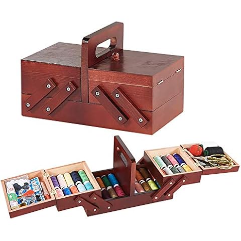 PRIMO SUPPLY Expandable Sewing Box - Seamstress Wooden Box for Thread Spools Storage - Sewing Kit Storage Box w/Handle - Wooden Sewing Basket for Embroidery Kits, Quilting Supplies, Cross Stitch Kits Cover