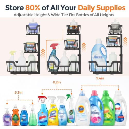 Under Sink Organizer, 2-Pack 3-Tier Height Adjustable Thickened Metal Pull out Cabinet Organizer Shelf, Slide out Storage Drawer Rack for Bathroom Kitchen Pantry Home Laundry Organization (Black) - image 7