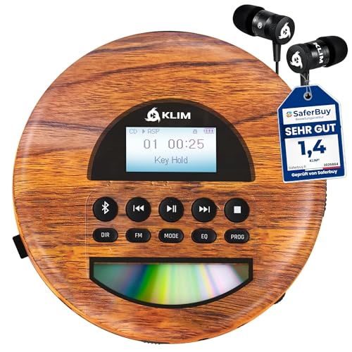 KLIM Nomad Wood - New - Portable CD Player Walkman - Long-Lasting Battery - Includes Headphones - Radio FM - Compatible MP3 CD Player Portable - TF Card Radio FM Bluetooth - Ideal for Cars