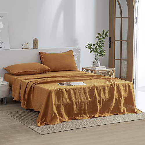 Image of EVERLY Linen Sheets Set Full Size,100% French Stonewash Pure Linen Sheets Set,4Pieces (1Flat Sheet,1Fitted Sheet,2Pillowcase) Suitable for Hot Sleepers,16Inch Deep Pocket Natural Bedding Set-Caramel