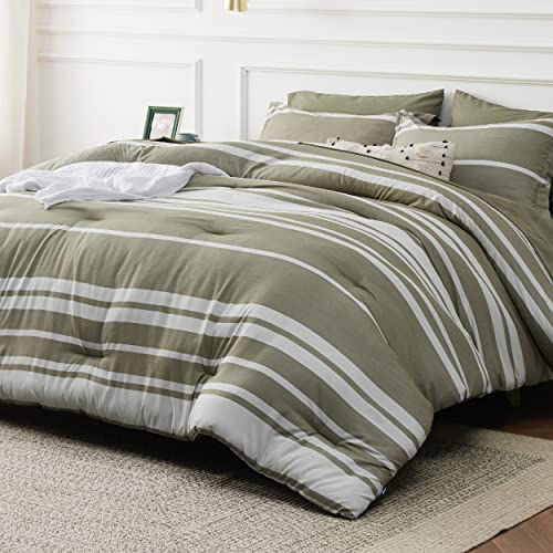 Image of Bedsure Queen Comforter Set 7 Pieces, Olive Green Striped Bedding Set for All Seasons, Reversible, Cationic Dyeing Bed in a Bag with Comforter, Sheets, Pillowcases & Shams
