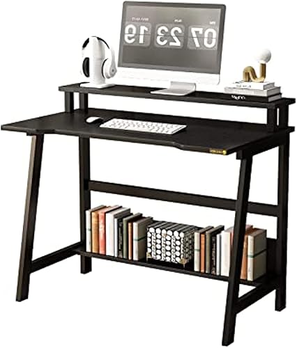 NEWSENDY Escritorio compacto para computadora, mesa de escritura pequeña de 33.5 pulgadas con estante para monitor y almacenamiento para oficina en