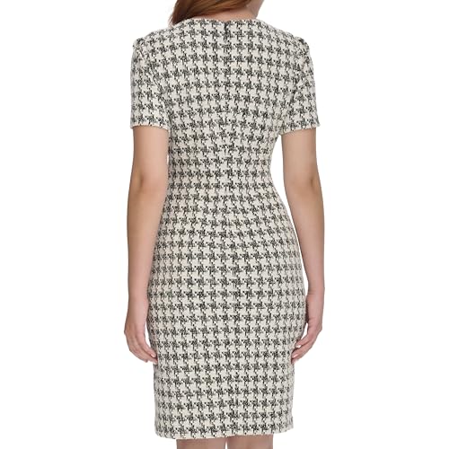 Image of Tommy Hilfiger Women's Short Sleeve Jewel Neck Colorblock Studded Asymmetrical Hem Crepe Mini Dress