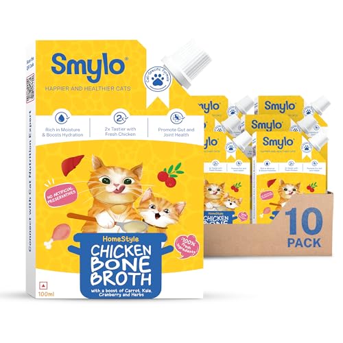 Image of Smylo Summer Cooler, Hydration Rich Chicken Bone Broth for Cats (100ml x 10 Packs) | Rich in Collagen for Bones & Joints Health | Omega 3 & 6 for Shiny Fur & Coat | Cat Food Topper and Cat Supplements