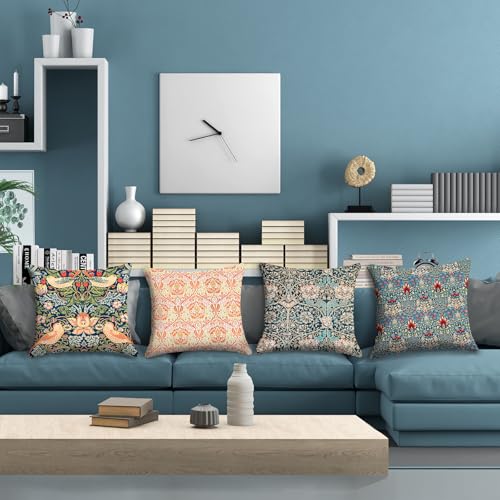 HOSTECCO Vintage Floral Cushion Covers 45x45 cm Pack of 4 William Morris CC0 Designs Art Pillow Covers Farmhouse Decorative Pillow Cases for Sofa Couch Bed