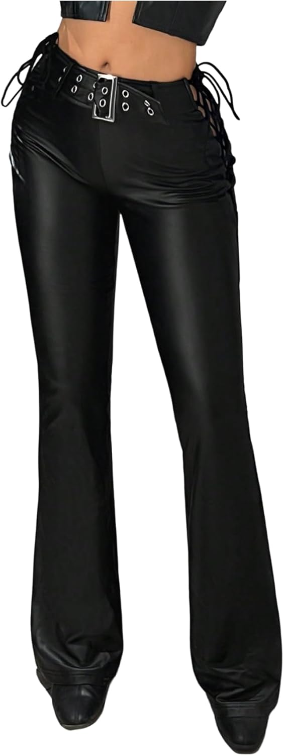 WDIRARA Women's Faux Leather Flare Pants Lace Up Side Low Rise Y2k Pants Punk Rave Clubwear
