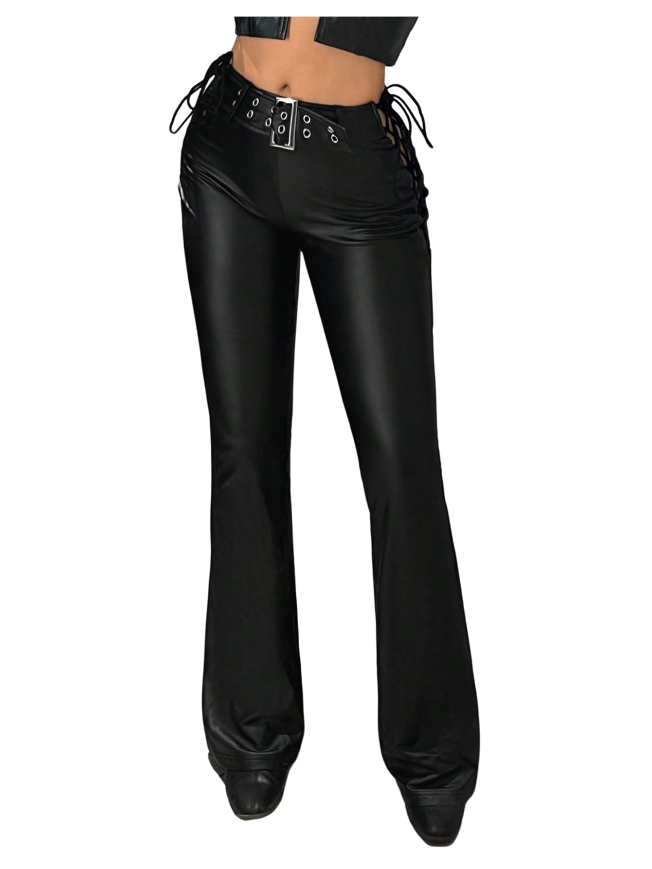SHENHE Womens PU Leather Flare Pants Lace Up Low Rise Y2k Sexy Rave Punk Pants Trousers