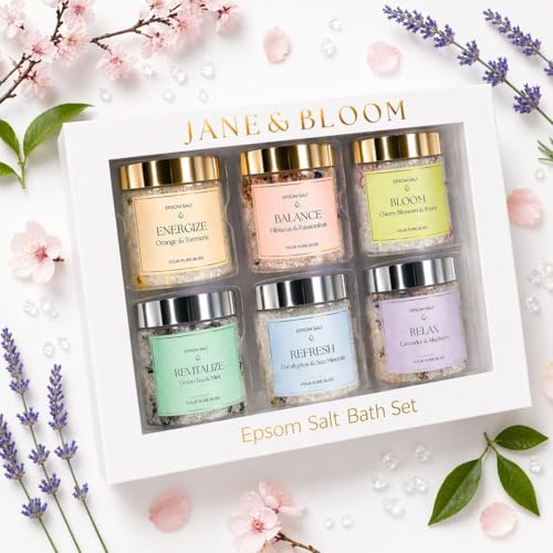 Epsom Salt Bath Gift Set 6 Aromatherapy Blends with Essential Oils Bath & Body Gift Set for Women Stress Relief Self Care Birthday Gifts Jane & Bloom