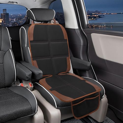 Image of Car Seat Protector for Child, 2 Pack With Mesh Pockets & Non-Slip Backing 600D Durable Under Baby Seat Cover for Back Seat (Dark Brown, Standard)