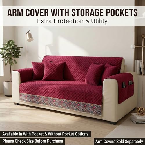 Image of KINGLY Sofa Cover 3 Seater Fully Covered | Stretchable Anti-Slip Slipcover | Washable Furniture Protector | Maroon | Seat & Back | Set of 2Pc