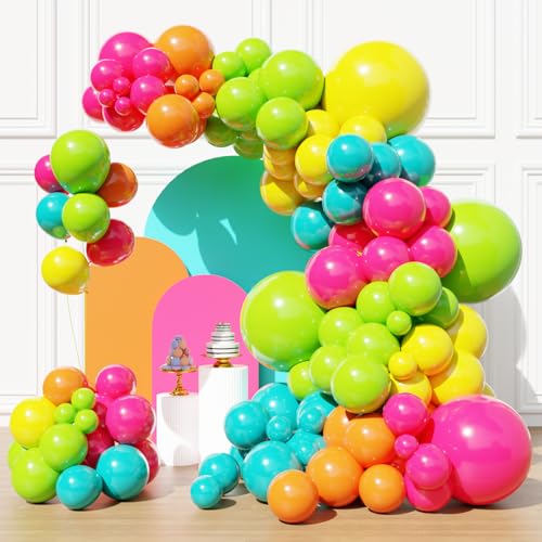 Image of Tropical Balloons, Hawaiian Party Balloons, Hot Pink Orange Teal Green and Yellow Latex Balloon for Summer Birthday Baby Shower Tropical Party Decorations