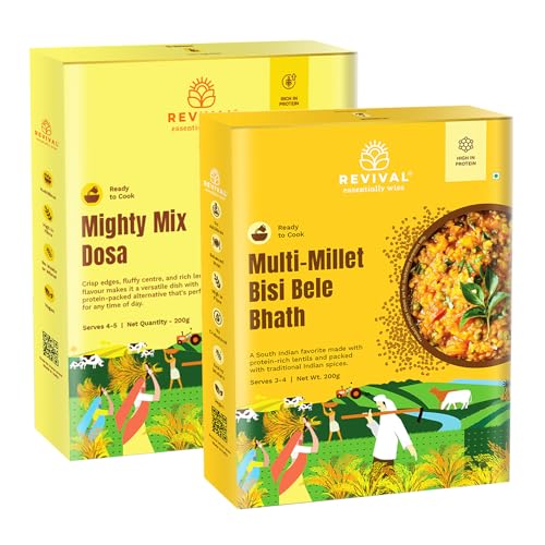 Image of Revival Millet Bisi Bele Bhath (200g) & Mighty Mix Dosa (200g) Combo Pack | Instant South Indian Meal | High in Protein & Fiber | Healthy, Tasty & Easy to Prepare | Quick Cooking in 15 Minutes