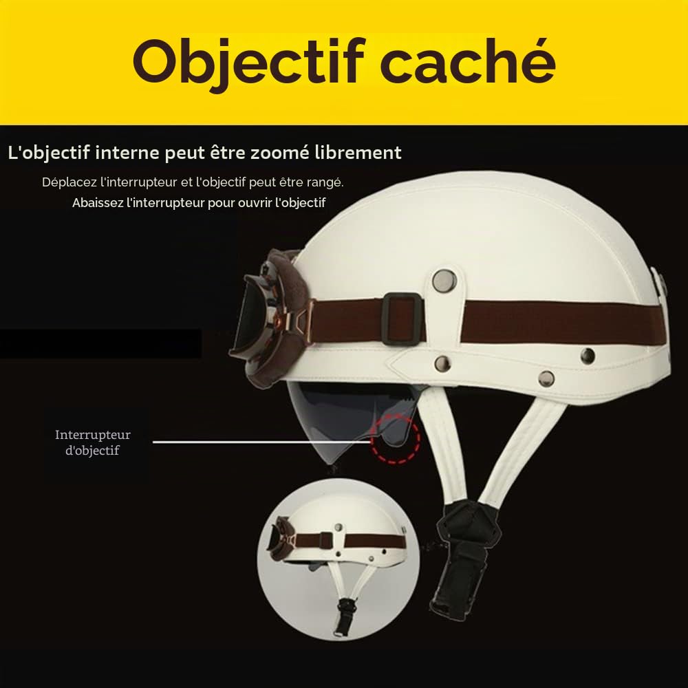 Casque de Moto Vintage Cuir Retro Vintage Scooter Open Face Demi Casque de Cuir avec Lunettes Certifié ECE Bols pour Homme et Femme Adultes Demi-Casques avec Sac de Rangement