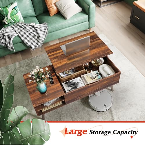 Image of WLIVE Coffee Table, 47 inch Lift Top Coffee Tables with Adjustable Storage Shelf and Hidden Compartment, Lift Tabletop Dining Table for Living Room, Rustic Oak