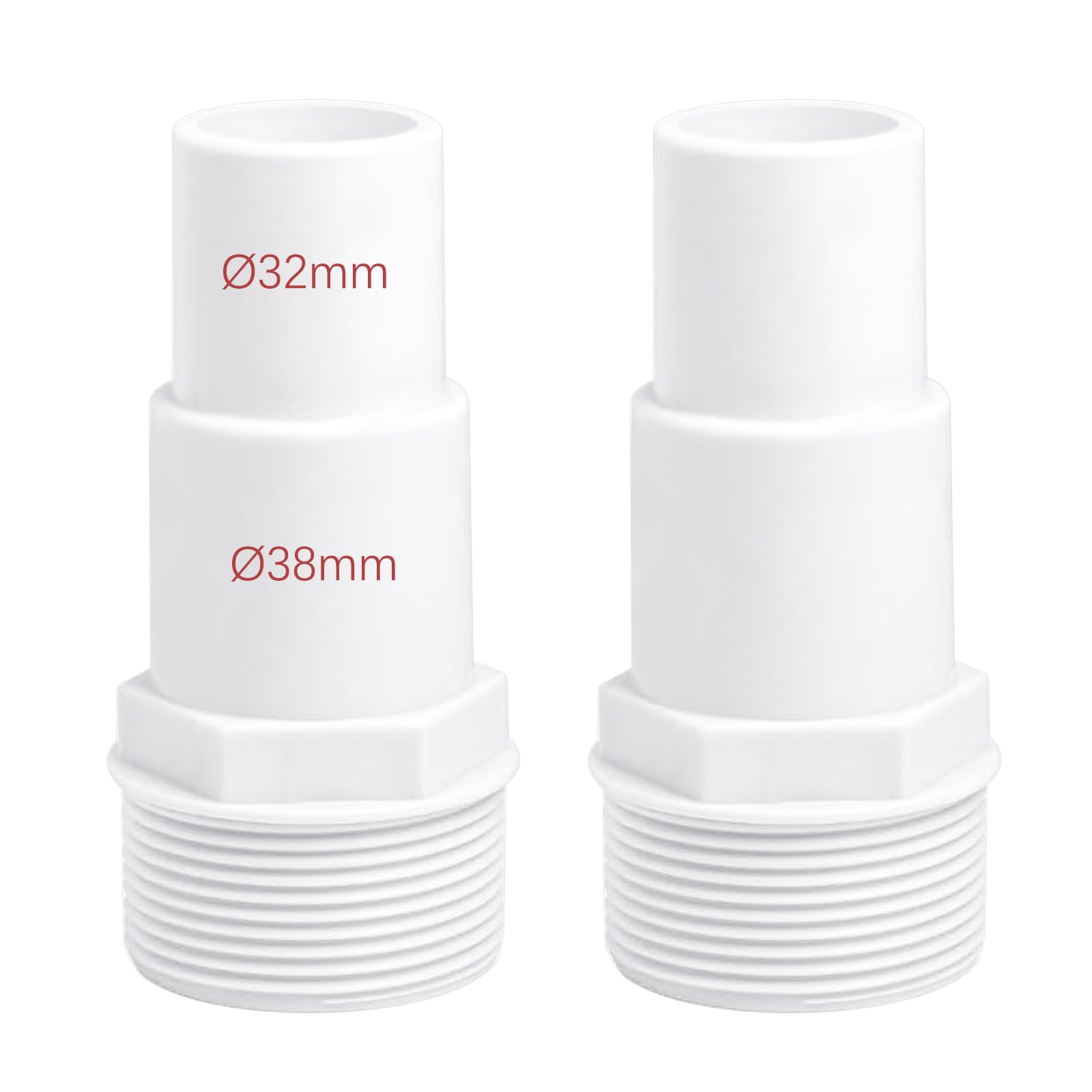 Juego de 2 conectores de manguera para piscina, diámetro de 32/38 mm a boquilla de manguera de 1,5 pulgadas, color blanco