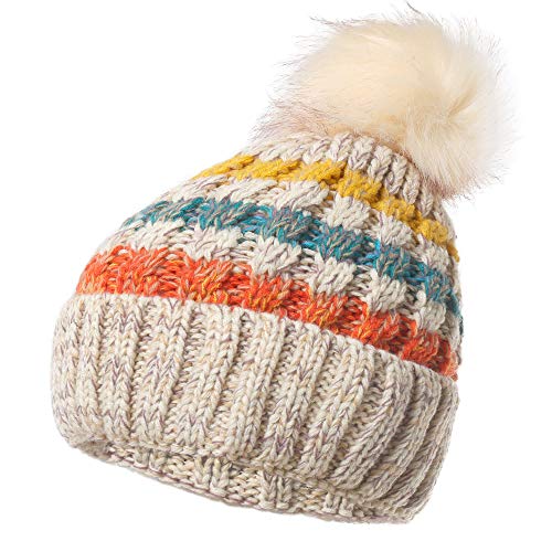 Ypser Women's Winter Slouchy Knitted Hat Cable Faux Fur Pom Beanie Hat,Beige,One Size
