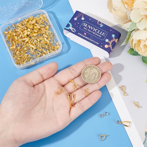 SUNNYCLUE 1 Box 120Pcs 4 Styles Brass Pendant Clasps Gold Pinch Bail Bulk Metal Golden Clip Bail Dangle Charm Clasp Bead Pendants Buckles Connectors Findings for jewellery Making DIY Necklace Bracelet - Image 3