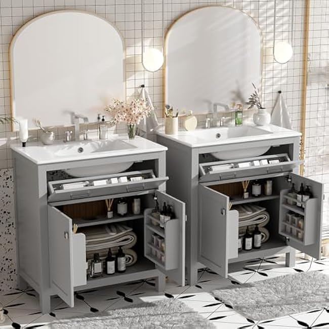 30 Bathroom Storage Vanity Ceramic Sink Combo 2 Pc, Double Lavatory Freestanding Cabinet with Ceramic Basin Sink Top & Doors & Flip Drawer & Adjustable Shelf, Gray