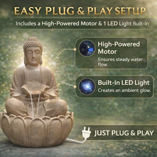 Image of 2 Feet Kamal Buddha Water Fountain for Home & Garden|Fiber Buddha Fountain with LED Light|Indoor Outdoor Fountain for Vastu & Positivity (Beige, 2 Feet Kamal Buddha Fountain)