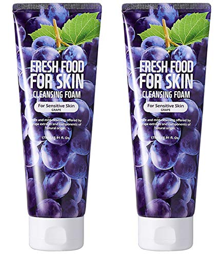 Face Foam Cleanser for Sensitive Dry Oily Normal Skin by Fresh Food for Skin (Grape(Sensitive Skin), 2pk)