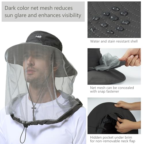 Image of BASSDASH UPF 50+ Mosquito Sun Hat with Hidden Head Net and Neck Flap for Men Women Outdoor Fishing Hiking Camping