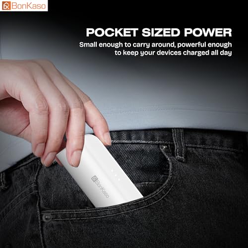 Image of BonKaso 5000mAh Mini Power Bank 15W PD Fast Charging, Built-in Type-C & i5 Cable, USB-C Input /Output, LED Indicator, Mobile Stand, Compact Pocket Portable Charger for iPhone & Android - White