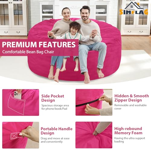 5FT Bean Bag Chair, Large Bean Bag Chairs with Memory Foam Filled, Fluffy Beanbag Sofa with Dutch Velvet Cover, Round BeanBag Chairs for Living Room, Playroom - Pink