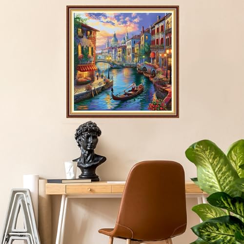 Image of Fanxvivy Stamped Counted Cross Stitch Kits for Adults Printed Cross-Stitch Patterns 11CT Stamped or Counted Cross Stitching Embroidery Kit Needlepoint Kits-Scenery of Venice on the Water 18x18 inch