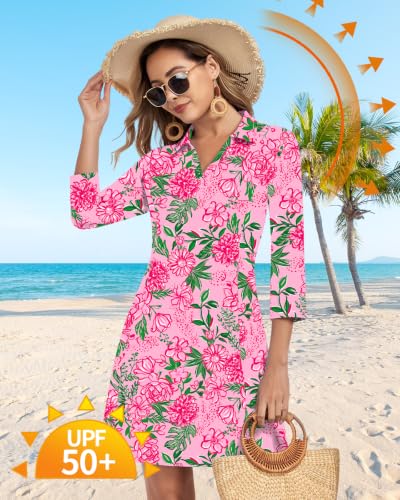 Image of WOWENY 3 /4 Sleeve Dress for Women with Pockets V Neck UPF 50+ Casual Sun Dress Breathable Quick Dry Beach Vacation