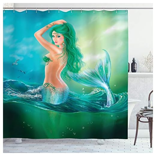 Ambesonne Underwater Shower Curtain, Mermaid in Ocean on Waves Tail Sea Creatures Dramatic Sky Dark Clouds Print, Cloth Fabric Bathroom Decor Set with Hooks, 69" W x 70" L, Green Aqua