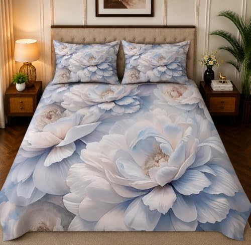 Image of 7D Digital Printed King Size Bedsheet with 2 Pillow Covers | Soft Premium Cotton Feel Microfiber Double Bed Bedsheet | Wrinkle Free & Fade Resistant | (WhiteFloral, KingSize-225x250CM)