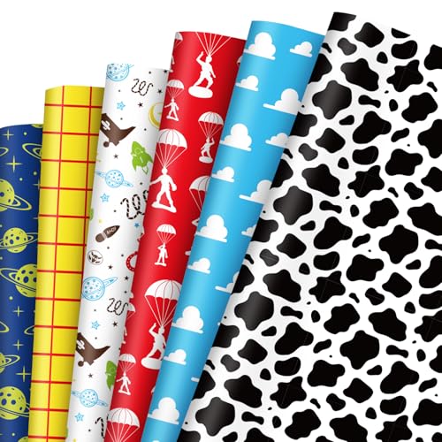 AnyDesign 12 Sheets Cartoon Story Wrapping Paper - Not Roll - Toy Cow Print Blue Cloud Gift Wrap Paper Folded Flat for DIY Crafts Birthday Game Party 19.7 x 27.6 Inch